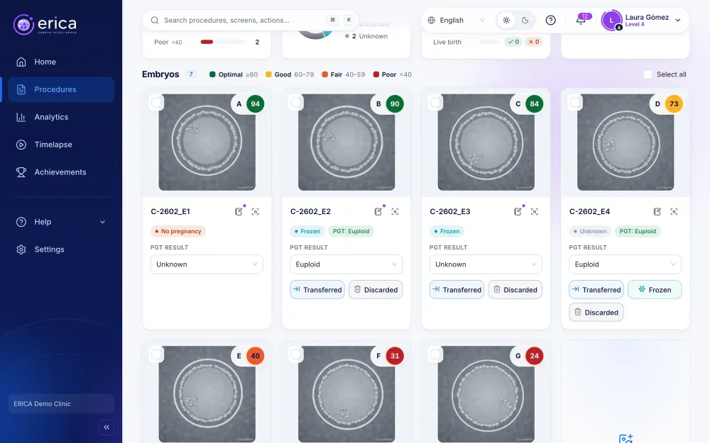 ERICA procedure view with seven embryos ranked by score