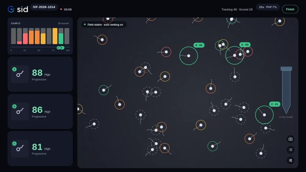 SiD live screen tracking sperm and marking the best three